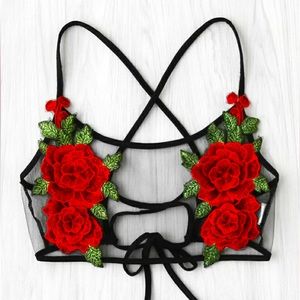 Cute festival mesh top with embroidered roses
